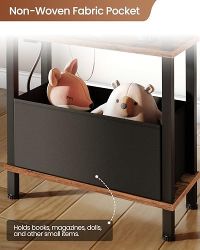 CHOEZON Set of 2 End Tables with Charging Station, Narrow Side Table for Small Spaces, Slim Nightstand with Basket, Skinny Bedside Table, for Living Room, Bedroom, Rustic Brown and Black TBZ07UP2BF