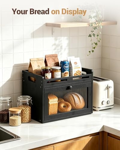 Bread Box for Kitchen Countertop, Bamboo Storage with Top Shelf, Black