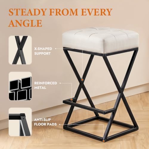 Bar Stools Set of 3, 26 Inch Counter Height Faux Leather Cream White