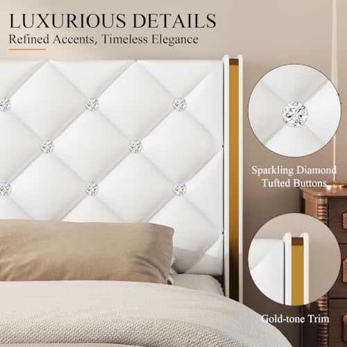 HOMBCK Twin Size Bed Frame with Leather Headboard, Goldside Wingback, White
