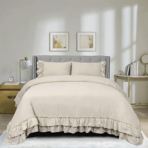 HIG 3 Piece Pre-Washed Off White Queen Duvet Cover Set