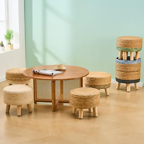 Cpintltr Ottoman Natural Seagrass Footrest Poufs Hand Weave Round Foot Stool for Couch Desk Soft Step Stool Padded Foot Rest with Pine Legs for Living Room Bedroom (Natural White)