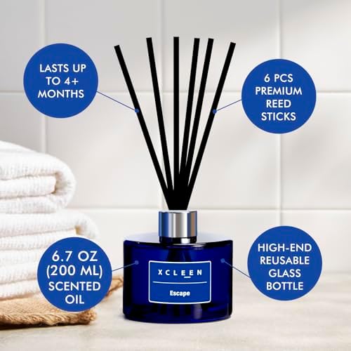 Xcleen Reed Diffuser, 6.7 Oz Escape Scented Diffuser with Sticks, Long Lasting Fragrance Air Freshener, Bathroom Shelf Decor