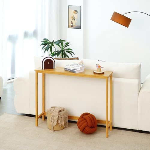 Bamboo Narrow Console Table, 39.4"(L) Wood Small Entryway Table, Accent Slim Hallway Tables, Thin Sofa Side Tables for Hallway, Living Room, Bedroom, Foyer, Burlywood
