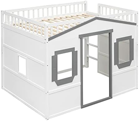 Merax Full Size Loft Bed with Wardrobe, Space-Saving House Bed Frame with Safety Guard & Ladder for Small Bedroom, White+Gray