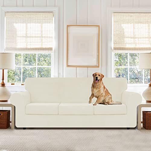WEERRW 4 Pieces Couch Cover for Sofa Velvet Sofa Covers Washable, Ivory