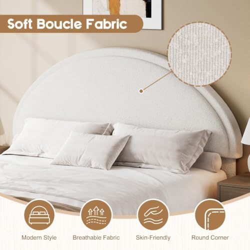 REVOMINCA Queen Bed Frame, Boucle Upholstered Platform Bed Frame with Rounded Corners, Soft Bedframe with Round Headboard, No Box Spring Required, Easy Assembly, White