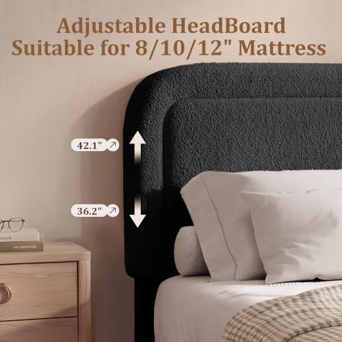 Vipbear Boucle King Size Bed Frame with Adjustable Headboard, Upholstered Cloud Platform Bed Frame with Wood Slats, Noise-Free King Bed, No Box Spring Required, Easy Assembly, Black