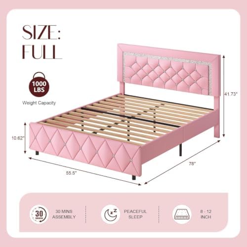 HOMBCK Full Size Bed Frame, Upholstered Platform Bed with Headboard, Pink