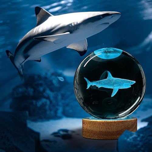 3D Shark Crystal Ball Night Light with Remote Upgraded 3.15 in Shark Glass Ball Table Lamps with 16 Color Led Wooden Base for Birthday Xmas Cool Shark Figurines Room Decor Gifts for Kids Teen