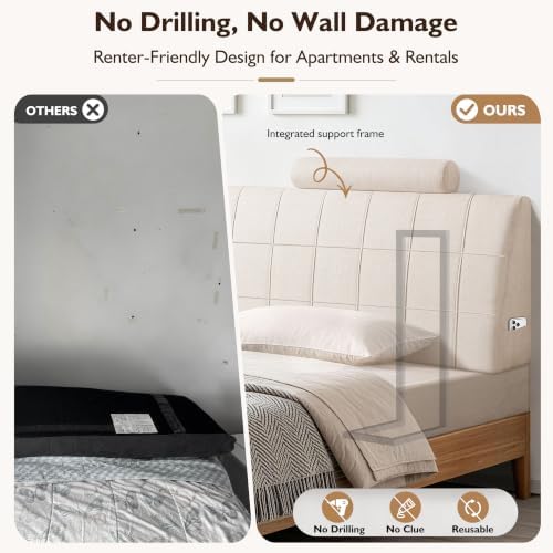 King Headboard with 2 Headrests, Memory Foam Upholstered Headboard