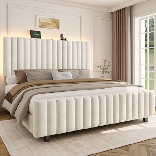 50" Tall Queen Bed Frame with Adjustable Headboard, Upholstered Platform Bed Frame Queen Size with Charging Station & LED Lights, Modern Luxury Velvet Tufted Bed, No Box Spring Needed, Beige