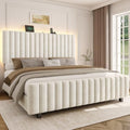 50" Tall Full Size Bed Frame with Adjustable Headboard, Upholstered Platform Full Bed Frame with Charging Station & LED Lights, Modern Luxury Velvet Tufted Bed, No Box Spring Needed, Beige