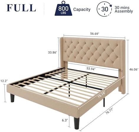 Allewie Full Size Bed Frame with Button Tufted Wingback Headboard, Beige
