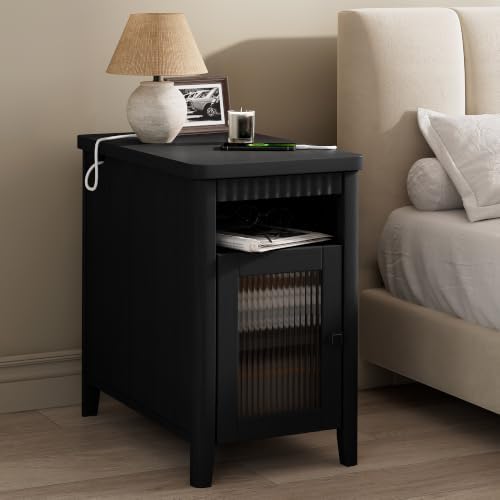 iPormis End Table with Charging, Narrow Side Table for Living Room, Black