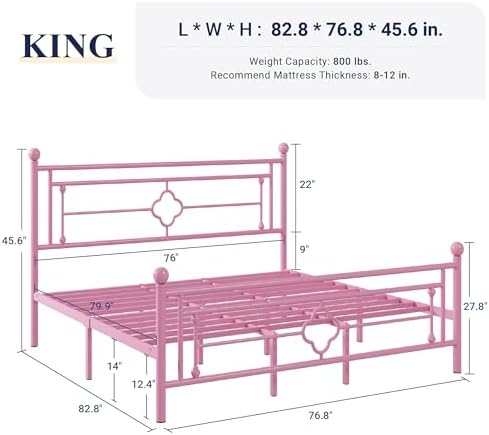 Allewie King Size Metal Platform Bed Frame, Victorian Headboard, Pink