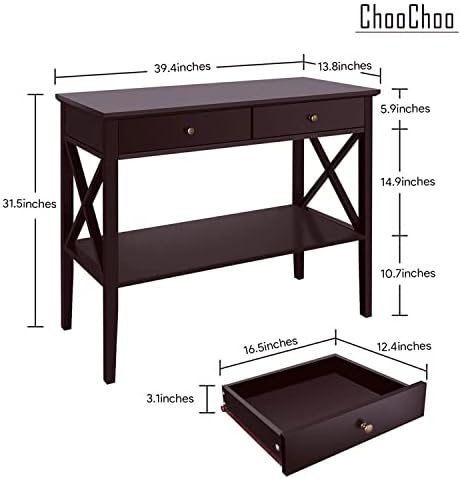 ChooChoo Oxford Console Table with 2 Drawers, Sofa Table Narrow for Entryway, Espresso