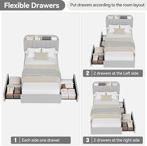 IDEALHOUSE Twin Bed Frame for Kids, Boucle Upholstered Platform Bed for Boys/Girls with 2 Flexible Drawers, Bookcase Headboard, Noise-Free, Easy Assembly, No Box Spring Needed, Gray