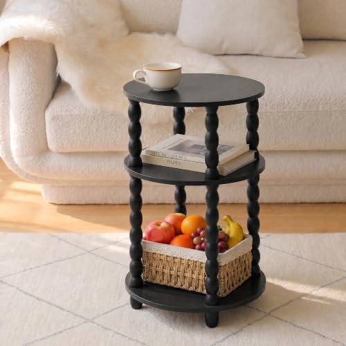 3-Tier Round Side Table, Small End Table with Solid Wood Spindle Legs Black