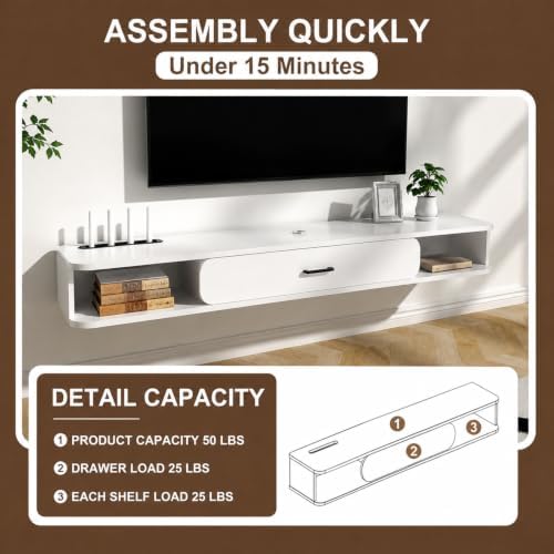 GHC Floating TV Stand, 65'' Wall Mounted TV Cabinet, Floating Shelves with Door, Media Console for DVD Player, Space-Saving Under TV Shelf for Living Room & Bedroom (White)