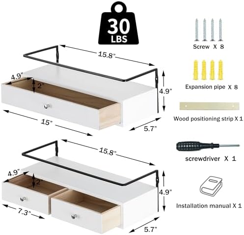 Floating Shelves With Drawers Set of 2, Wall Mounted Storage for Bathroom