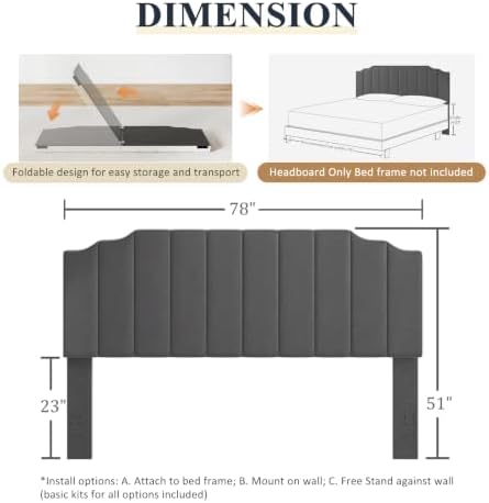 Befurtori King Size Headboard Only, Velvet Wall Mount Headboard, Dark Gray
