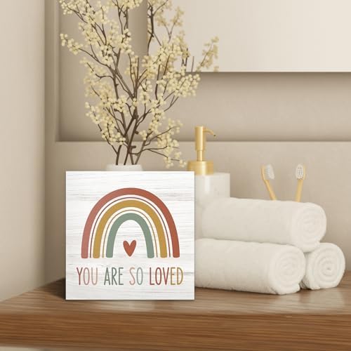 Boho Rainbow Christian Nursery Wood Box Sign Desk Decor 5X5, You Are So Loved Wooden Block Sign Decorations for Kids Boy Girl Nursery Room Bedroom Playroom Desk Table Wall Tabletop Shelf Decor