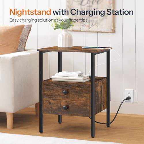 HOOBRO End Table Set of 2 with Charging Station, Bedside Table with Drawers