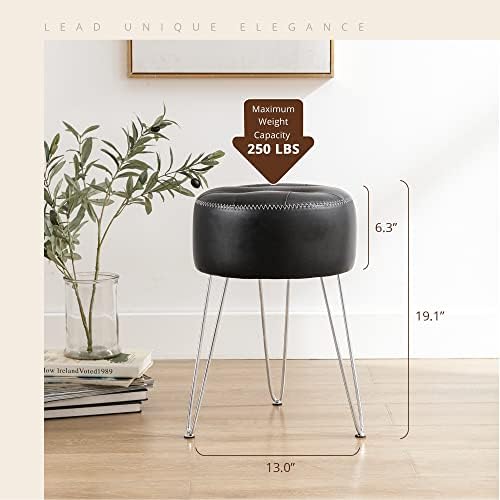 LUE BONA Faux Leather Vanity Stool Chair for Makeup Room, 19” Height, Tufted Small Chair with Metal Legs, Modern Foot Stool Ottoman for Bedroom, Living Room