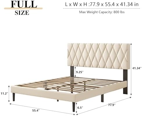 CXVX Full Size Bed Frame with Diamond Tufted Headboard, Velvet Upholstered Platform Bed and Wooden Slat Support, Noise-Free, No Box Spring Needed, Easy Assembly, Beige