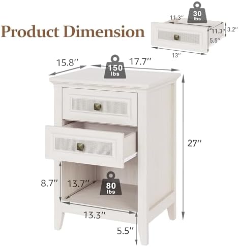RoyalCraft Rattan Nightstand Set of 2 for Bedroom, Boho Bedside Table with 2 Drawers, Accent End Table with Open Storage Shelf, Wood Bedside Unit for Home Office, Grayish White