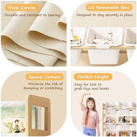 EXPERLAM Toy Storage Organizer with Bookshelf, Kids Toy Organizer and Storage Shelf with 12 White Bins, Solid Pine Wood Book Rack for Playroom, Nursery, Kids Room, Toys and Books