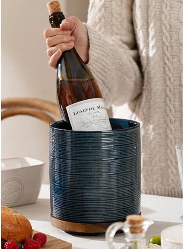 Utensil Holder, 360° Rotating Extra Large Ceramic Kitchen Utensil Holder for Countertop, 7.3“ Cooking Utensil Crocks for Kitchen Counter with Rotatable Wooden Base, Farmhouse Decor, Dusty Blue