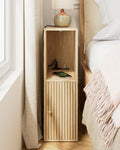 Narrow Nightstand, 7.9" Wood Nightstands with Fluted Door, Oak
