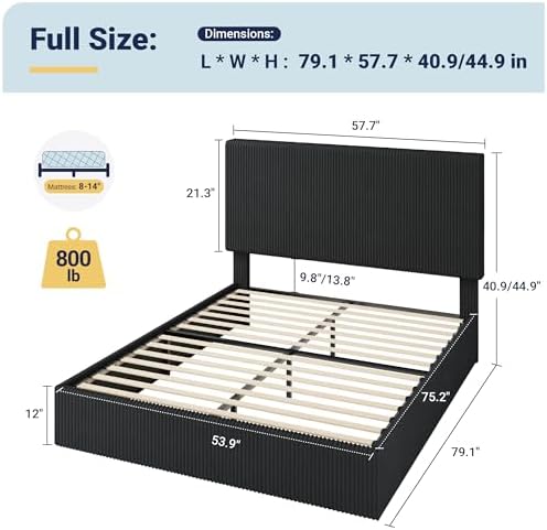 Allewie Full Bed Frame, Adjustable Corduroy Headboard, Platform, Black