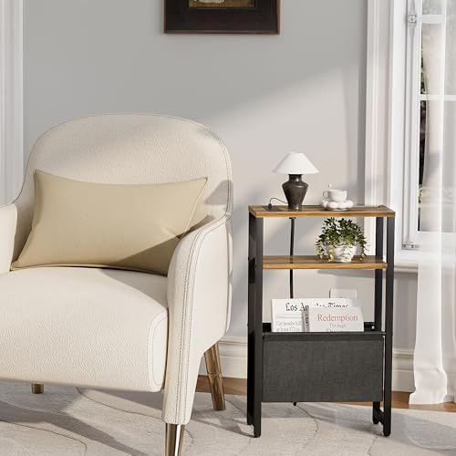 Narrow Side Table with Charging Station Slim End Table Sofa with Magazine Rack, Bedside Table for Small Spaces, 3 Tier Nightstand for Living Room Couch, Bedroom Walnut Brown LET503BRE
