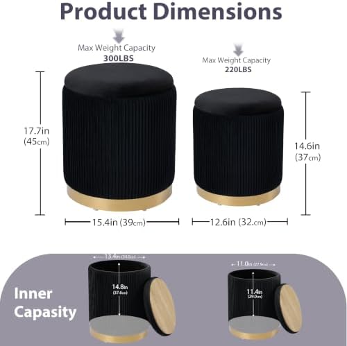 Royal Windsor Round Ottoman with Storage Set of 2, Storage Vanity Stool