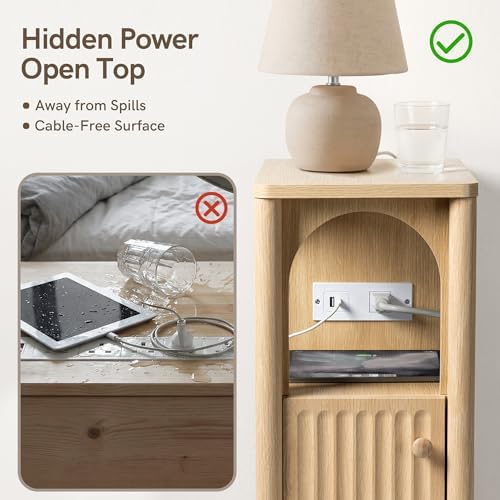 Narrow Nightstand with Charging Station, Slim Wood Bedside Table