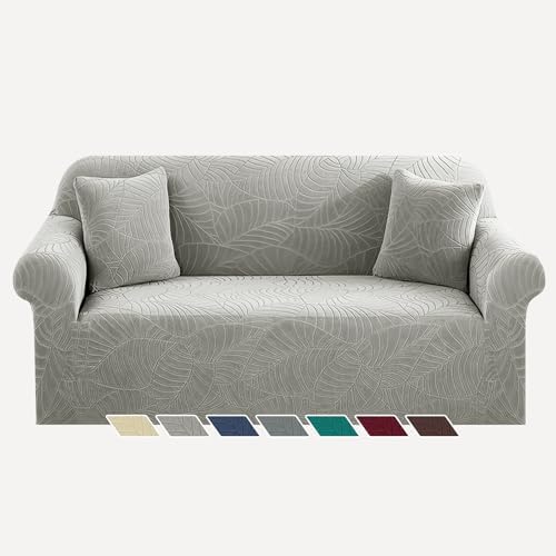 YEMYHOM Couch Cover Latest Jacquard Design High Stretch Sofa Covers for 2 Cushion Couch, Pet Dog Cat Proof Loveseat Slipcover Non Slip Elastic Furniture Protector (Medium, Begonia Leaf Light Grey)