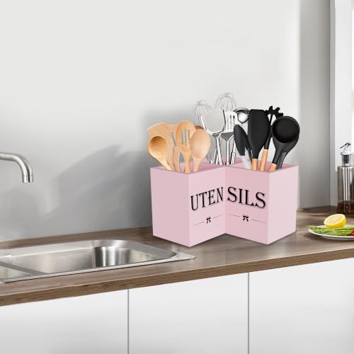 Suli Extra Large Utensil Holder Countertop for Kitchen Counter,Wood,Pink