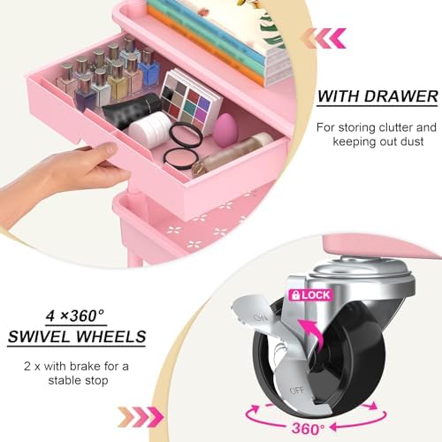 Goovilla 3 Tier Rolling Utility Cart Organizer with Removable Drawer, Pink