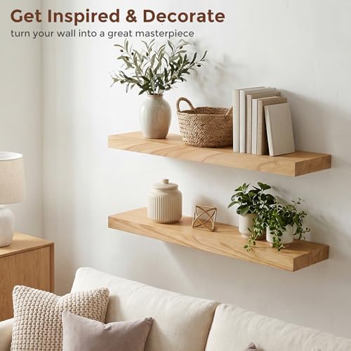 fuqing Natural Wood Floating Shelves, 24'' Wood Shelves for Wall Set of 2