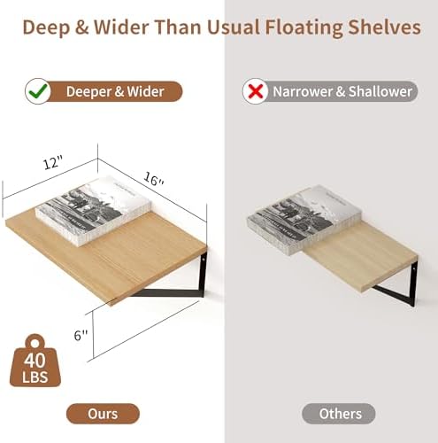 Axeman Deep Floating Shelves, 12 Inch Deep Rustic Oak Floating Wall Shelves Set of 2, 16W x 12D Large Floating Shelves Living Room Cleanning Room Laundry Room Garage - Oak with Black Brackets