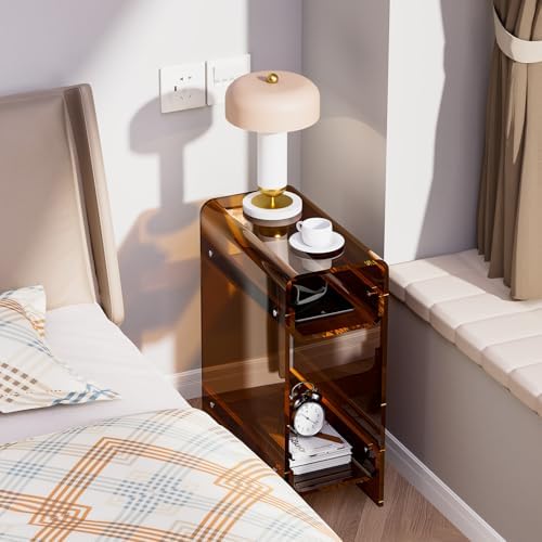 Clear Acrylic Side Table, Narrow Nightstand Bedside Table for Bedroom, Skinny Small End Table (Dark Brown, 8.7'' x 15.7'' x 21.7")