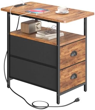 sthmec End Table with Charging Station, Narrow Side Table with 2 Drawers, Nightstands with Drawers, USB Ports & Power Oulets,Slim Sofa Side Tables for Small Spaces,Living Room,Bedroom,Rustic Brown