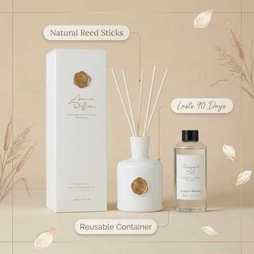 Gardenia Reed Diffuser Set for Home, Natural Essential Oil Fragrance