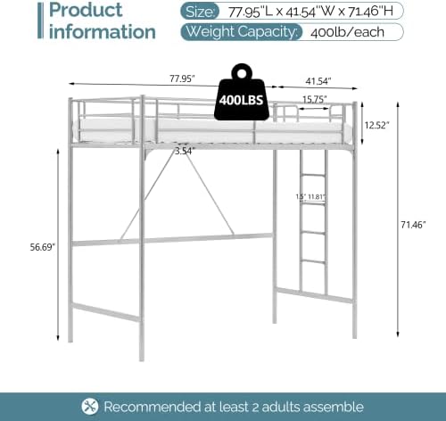 VINGLI 71 Inches Tall Loft Bed Twin Size with Flat Ladder Rung for Kids Teens Adults Heavy Duty Metal Single Bunk Bed Loft with Safety Guard Rails for Small Space, Gray