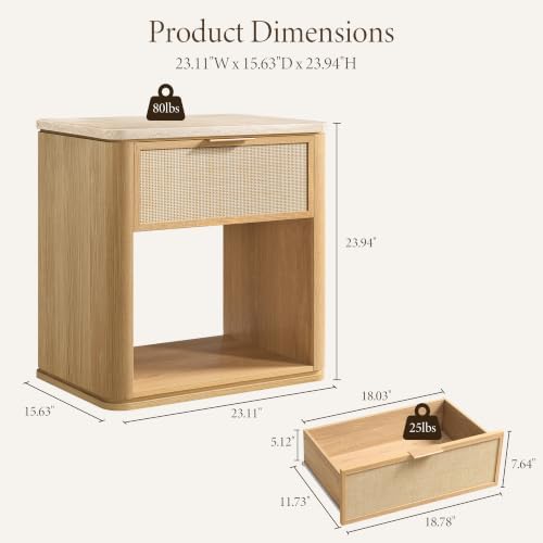 Night Stand Set of 2, Rattan Nightstand with 1 Drawer&Open Shelf