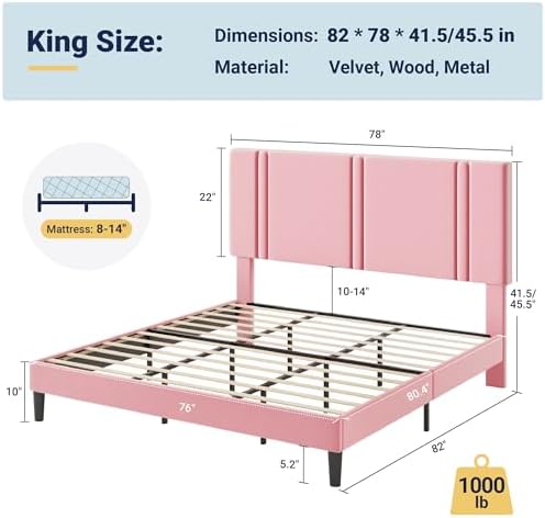 Allewie King Size Platform Bed Frame with Velvet Upholstered Headboard