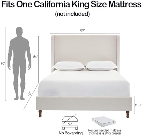California King 54" Harper Tall Headboard Wingback Upholstered Bed Frame Premium Textured Canvas Elegant Simplicity for Bedroom Strong Wood Slats Support No Box Spring Needed No Noise Ivory